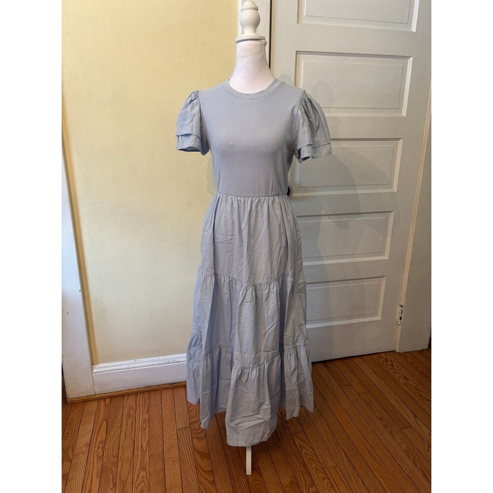 Womens tiered puff sleeve maxi dress blue ribbed bodice stretchy modest